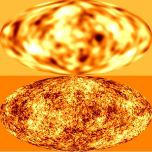 Cosmic microwave backgroud radiation as
                      measured by COBE, and simulated to Planck resolution
